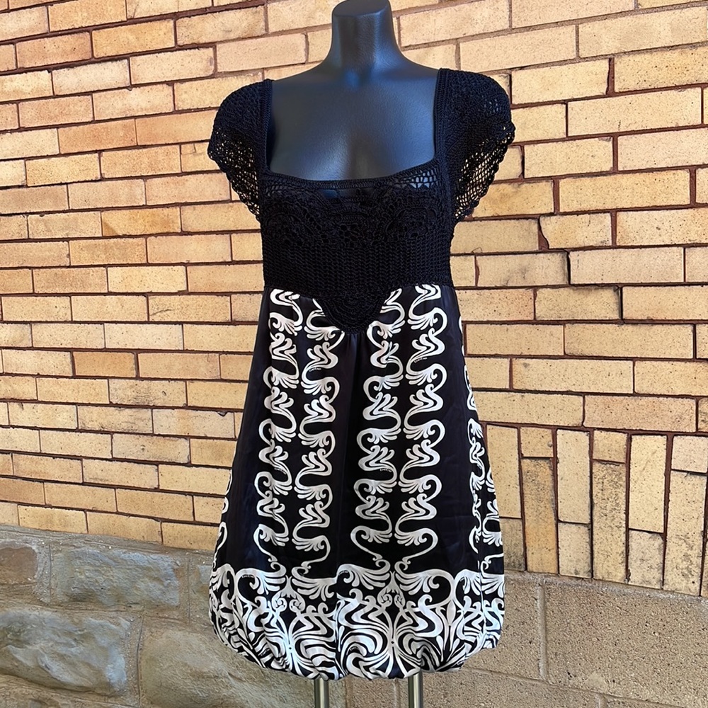 bebe Y2K black and white silk crochet Back Bubble Hem Dress – Size Medium